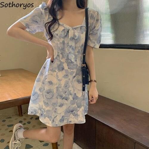 Dress Women Sweet V-neck Cozy Leisure Slim Bows Floral Printed Vintage French Style Ins Females Mini Dresses Club Wear Elegant