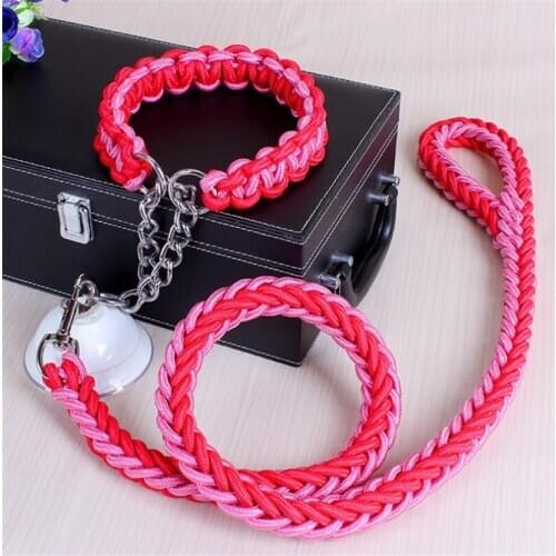 1.2M 17 colors Length Double Strand Rope Large Dog Leashes Metal P Chain Buckle National Color Pet Traction Rope Collar Set A 15