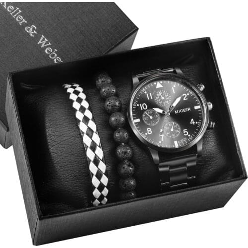 Casual Men Black Gift Box Quartz Numerals Clocks Stainless Steel Strap Safety Folding Buckle Man Bracelets Fine Gift for Friends