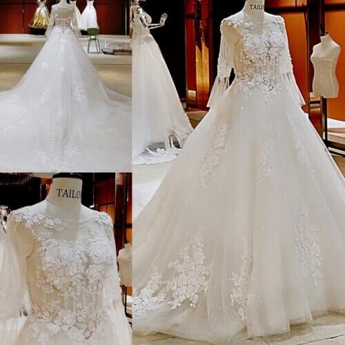 Luxury Wedding Dresses Long Sleeves Appliques Sequin Ball Gowns Bridal Gowns Custom Made Lace-up Back Sweep Train robe de mariée