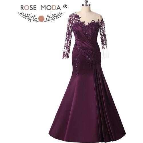 Rose Moda Long Sleeves Purple Mermaid Evening Dress Formal Party Dress Plus Size Evening Dresses 2018 Custom Made