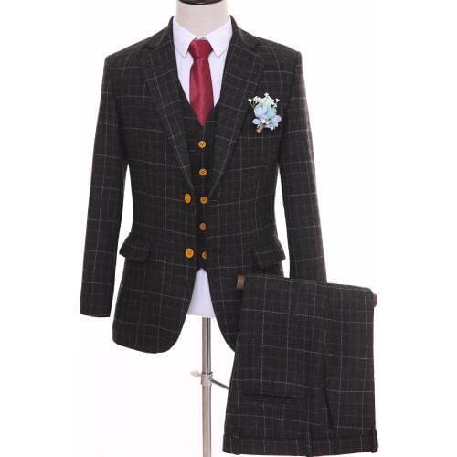 British Style Wool Tweed Two Buttons Men Suits Slim Fit Plaid Groom Tuxedos Notched Lapel Groomsmen Mens Wedding Suits