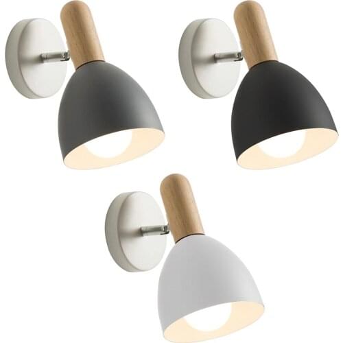 Nordic Iron Wooden Modern Wall Lights E27 3 Color Macaroon Bedside Lamp Parlor Study Sconce Childrens Room Light