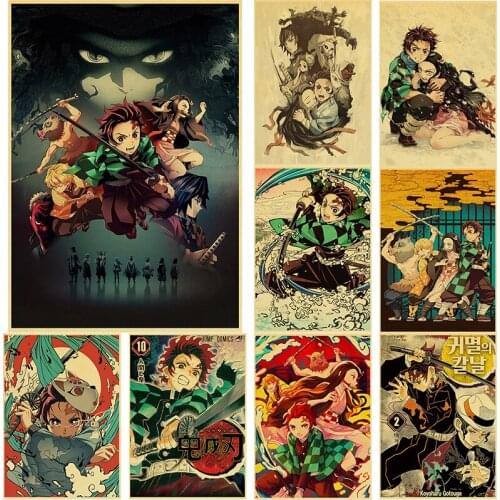 Vintage Kraft Paper Posters of Japanese Anime Demon Slayer Manga Character Atlas for Home Bar Wall DIY Sticker Decorative Gift