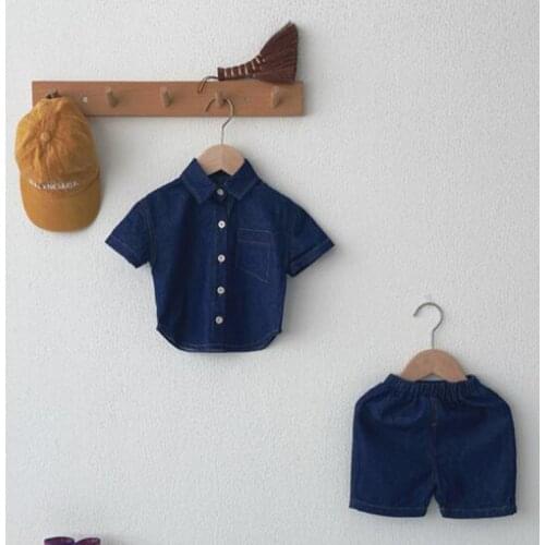 Vintage denim clothing set for baby boy and girls Turn-down collar short sleeve shirt+shorts suit for toddler girls outifts
