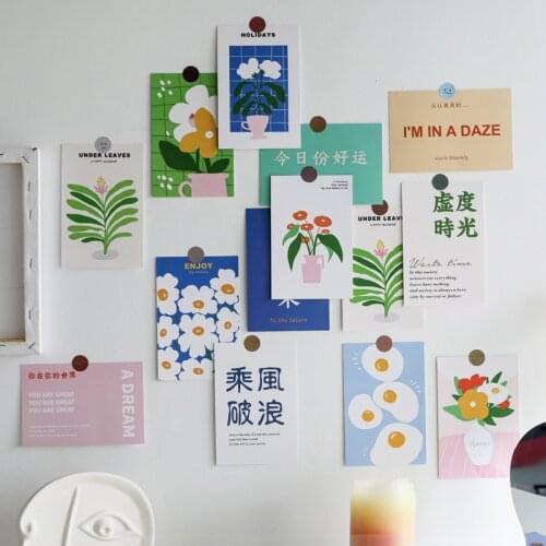 W&G 15pcs Kawaii Wall Cards Happy Mood Series Home Decorative Cards Wall Bedroom Postcard Wall Stickers Home Decoration