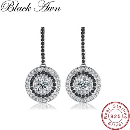 Classic Genuine 925 Sterling Silver Fine Jewelry Wedding Round Stud Earrings for Women Black&White Female Earring Bijoux T005