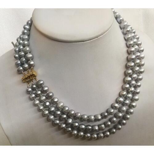 Women Jewelry 3 rows necklace 8x9mm bright gray pearl handmade Real cultured freshwater pearl gift