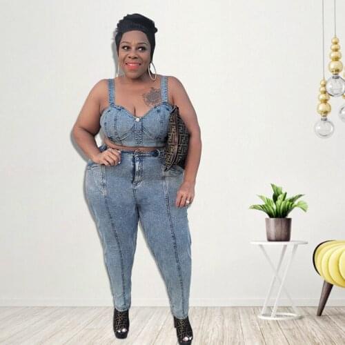 2 Piece Sets Womens Outfits Summer Plus Size Safari Style Button Fly Solid Blue Denim Distressed Camisole Sets Womens Outfits
