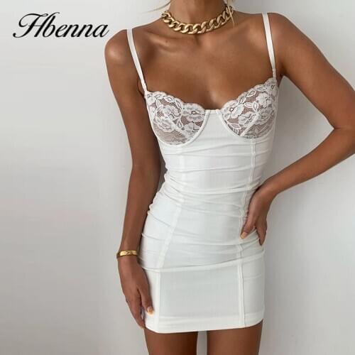Hbenna Lace Summer Dresses Women Elegant Mini Dresses White Sexy Skinny Backless Spaghetti Strap Lace Bodycon Dresses Women 2021