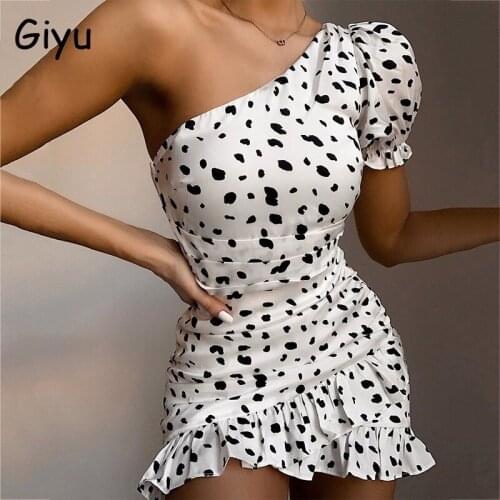 Giyu Sexy Leopard Polka Dot Print Dress Women 2021 Summer One Shoulder Puff Sleeve Ruffles Bodycon Dresses Elegant Mini Robe