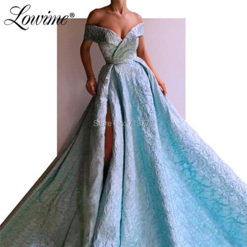 Islamic Saudi Arabic Long Blue Prom Dresses Off Shoulder Women Evening Gown Custom Made Pageant Party Gowns 2019 New Arrival