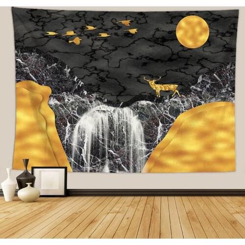 Golden and Black Printing Scenery Indian Bohemia Tapestry for Livingroom Photography Wall Decor