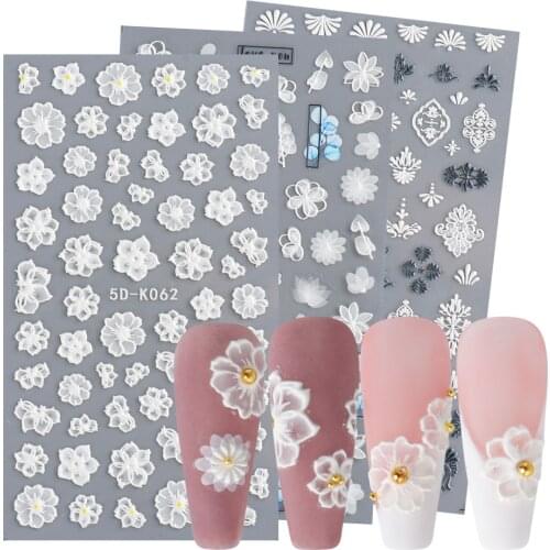 1Sheet 5D Black White Emboosed Lace Nail Sticker Decal Luxury Nail Art Designs Adhesive Sliders Decoration For Manicure LY5D-K-2