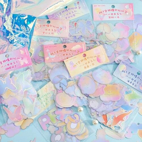 46Pcs/72Pcs Pet Hot Silver Laser Sticker Bag Sparkling World Series Kawaii Diy Cute Butterfly Animal for Diary Decoration