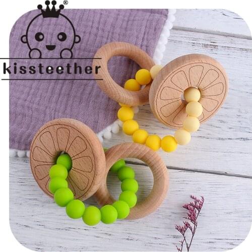 Kissteether Beech Wooden Flowers BPA Free Teething Bracelet Wooden Beech Animal Teether Rattle Toy For Baby Teething Gifts