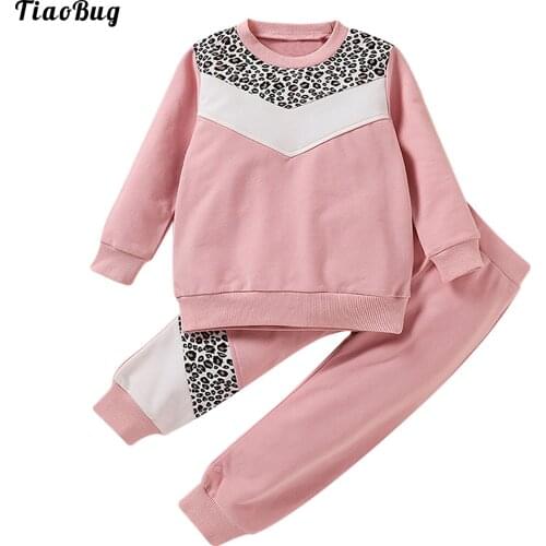 Spring Autumn 2Pcs Kids Girls Boys Pullover Sportsuit Round Neck Long Sleeves Patchwork Leopard Print Top Pants Gym Set