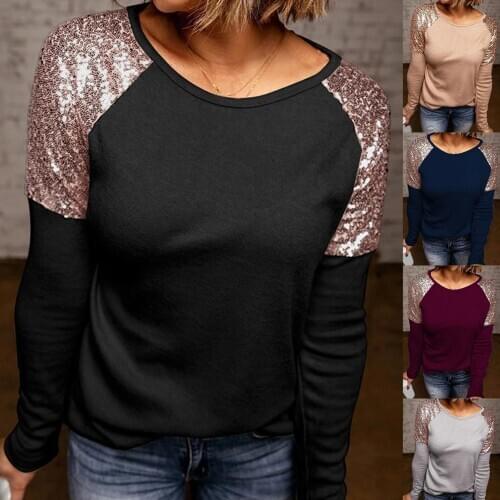 Women Chic Long Sleeve O Neck Shiny Sequins Patchwork Slim Base T-shirt Womens Clothing женские футболки ropa de mujer