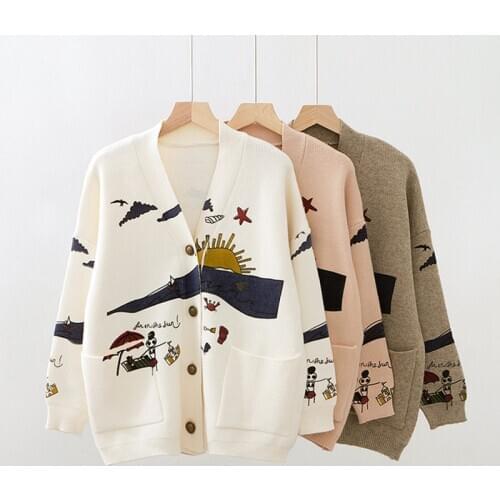 Cardigan Sweater Womens Autumn And Winter New Loose Cute Print Joker Long Sleeve Womens Knitted Jacket Sweaters Oversize 2020