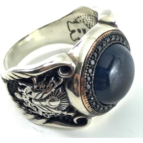 LARGE MIDDLE ROUND BLACK Gemstone PATTERNED Muslim Tattoo Ring 925 SILVER CHIC SIDES OTTOMAN ARMY PATTERNED GIRLS Gift Fashion