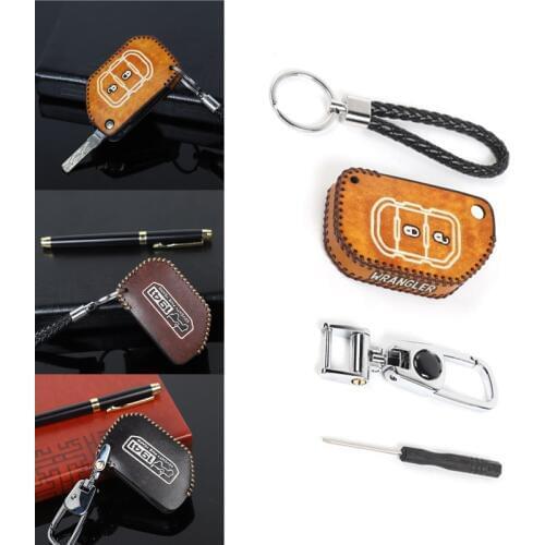 Brown Leather Key Case Holder Retro Style Keychain Key Bag Organizer For Jeep Wrangler JL 2018 Accessories