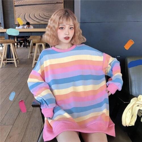 Cute Autumn Hoodies Cotton Harajuku Rainbow Stripes Hoodies Women Sweet Macaron Hoodies Loose Round Neck Sweatshirt Female