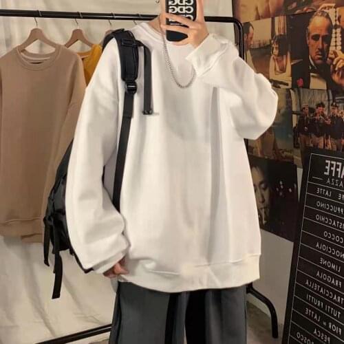 Pure cotton mens hoodless spring and autumn winter round neck lovers' wear solid color loose long sleeve bottomed shirt