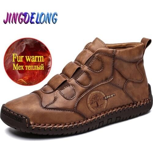 2020 New Mens Snow Boots Warm Plush Waterproof Boots Warm Leather Mens Ankle Boots Handmade Leather Men Motorcycle Boots