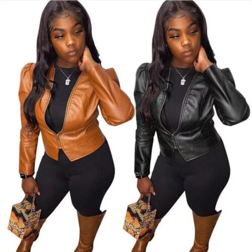 New Arrivals Streetwear Women PU Coats 2020 Autumn Winter Long Sleeve Females Fashion Solid Zipper V-neck Short Leather Jackets