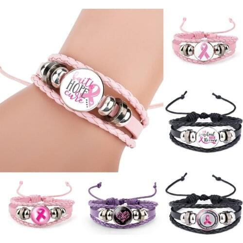 New Breast Cancer Awareness Bracelet For Women Pink Ribbon Charm Leather Rope Bangle Fashion Handmade Hope Jewelry