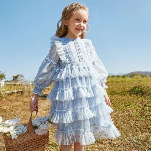 Girls Clothes Spring Autumn Cake Dress Lace High Quality American European Style New Design Princess White Sky Blue Dresses