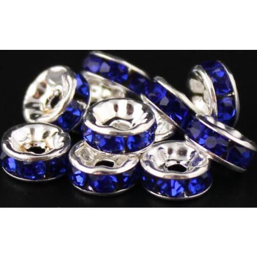 Wholesale 100PCS Royal blue Rhinestone Silver Rondelle fit Czech Crystal Rondelle Spacer Beads bracelet necklace earring 6mm 8mm