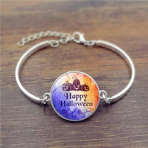 2019 Simple Hook Silver Color Bracelet Charm Vintage Pumpkin Witch Bat Dome Pattern Bangle For Men Women Halloween Jewelry Gift