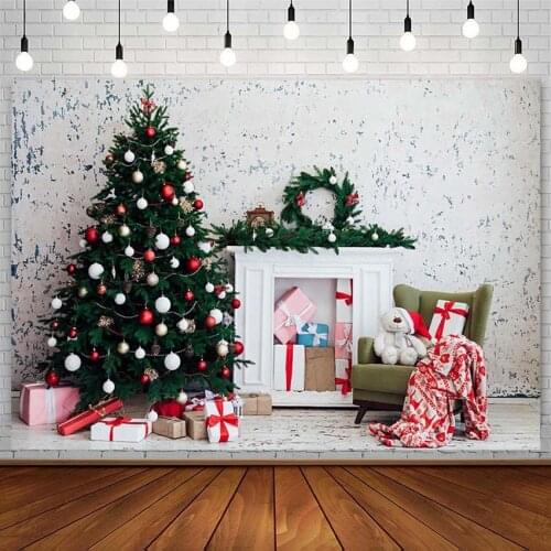 Christmas Backdrop Tree Winter Fireplace Gift White Wall Wood Floor Kid Photography Background Photostudio Decor Props Photozone