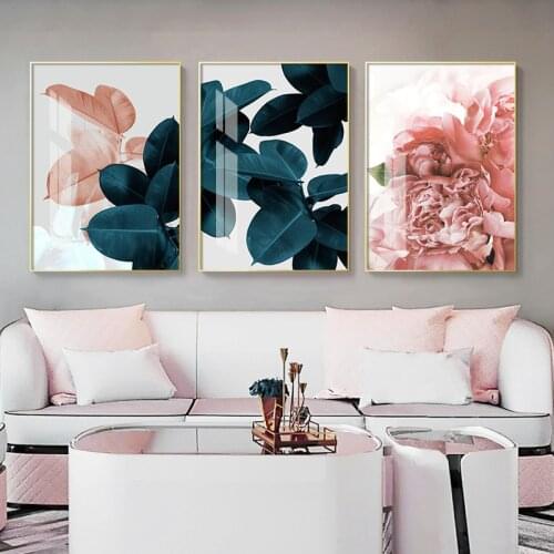 Pink Green Flower Leaves Nordic Decorative Canvas Painting For Living Room Decoration Wall Art And Home Decor