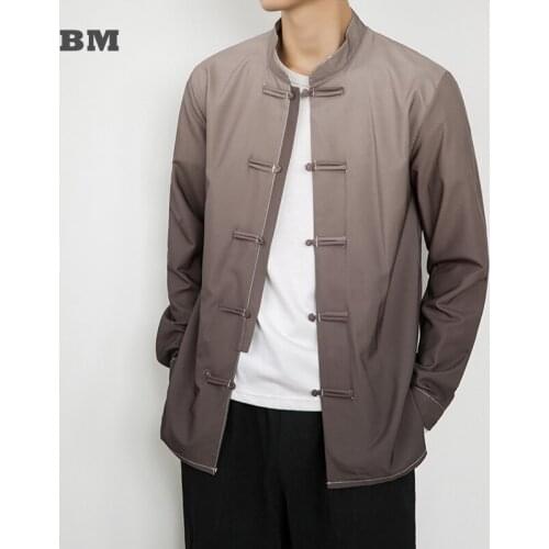 Chinese Style Plus Size Gradient Long Sleeve Shirt High Quality Ice Silk Coat Men Clothing Stand Collar Button Tops Harajuku