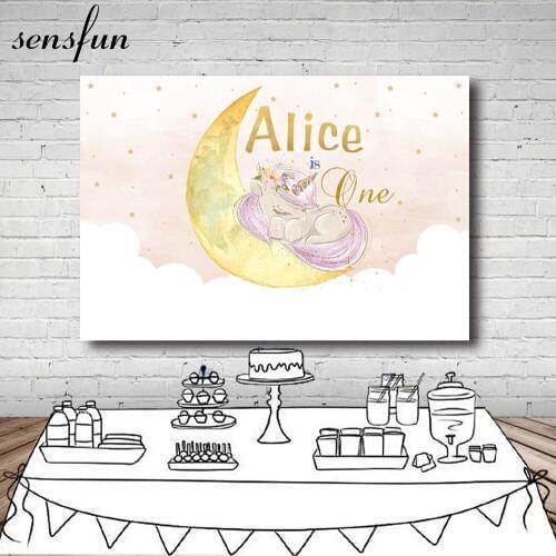 Sensfun Sleeping Unicorn Party Backdrop Yellow Moon Gold Little Stars Baby Shower 1st Birthday Party Backgrounds Photo Both