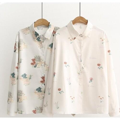 Flower Print Stylish Chiffon Shirt Women Turn Down Collar Casual Fashion Female Blouse Long Sleeve Lady Tops Blusa Feminina