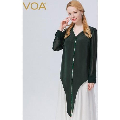 VOA Autumn New Silk Heavy Deep Pine Green Shirts V-neck Printed Contrast Stitching Single-row Multi-button Womens Tops BE715