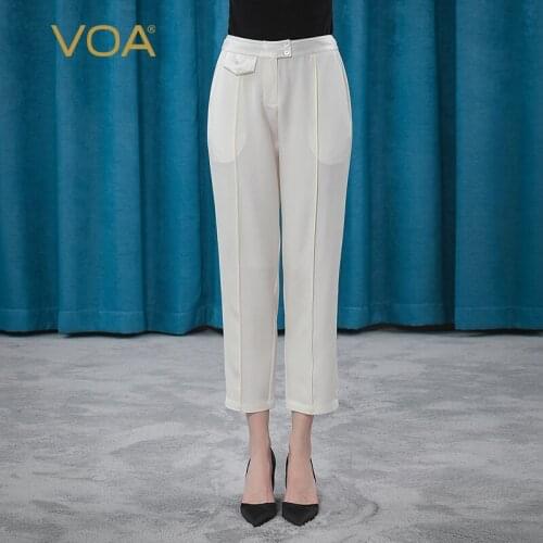 VOA36 mm elastic heavy crepe natural waist satin edge diagonal pocket pure white loose nine-point harem pants KE228