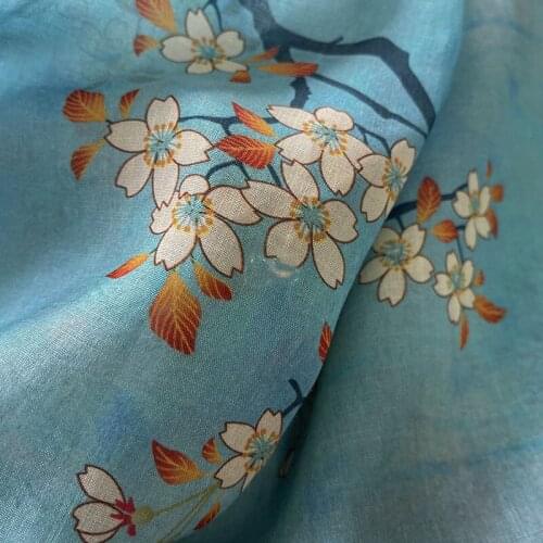 High quality new ramie fabric Glass blue printing tissu Designer customized robe dress pants shirt coat material