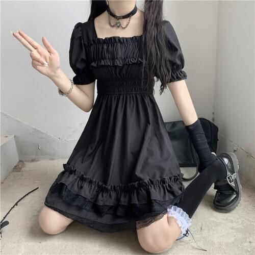 Japanese Women Victorian Gothic Square Collar Lace Ruffles Black Lolita Dress Summer Girls Steampunk Puff Sleeve Mini Dresses