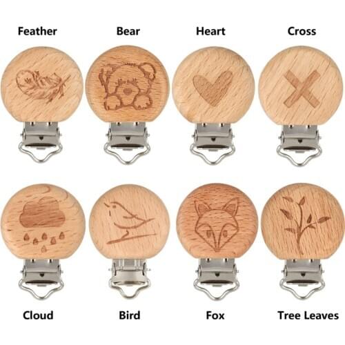1 pc Natural Wood Baby Pacifier Clip Engraved Wooden Pacifier Holder Soother Clasps DIY Pacifier Chain Nipple Holder Accessories