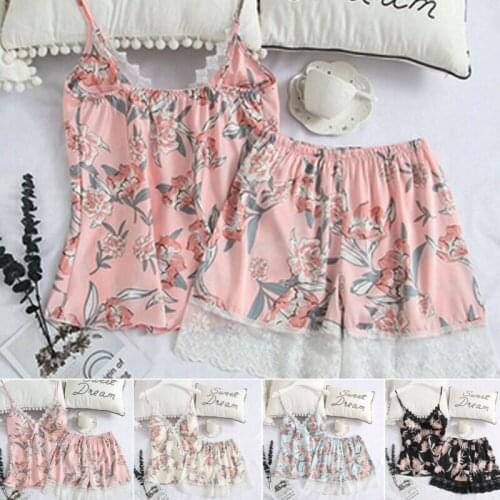 Women Satin Lace Sleepwear Lingerie Nightwear Shorts Pjs Pyjamas Set 2pcs