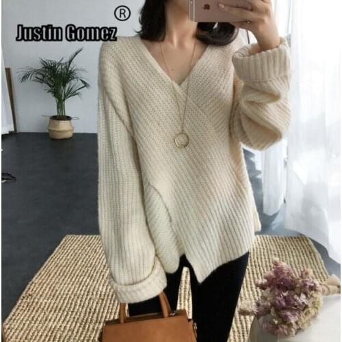 Sweater Woman Winter 2021 Plus Size Loose Sweater V Neck Knitted Black Female Coat Knitwear Female Oversize Pullover Jumper