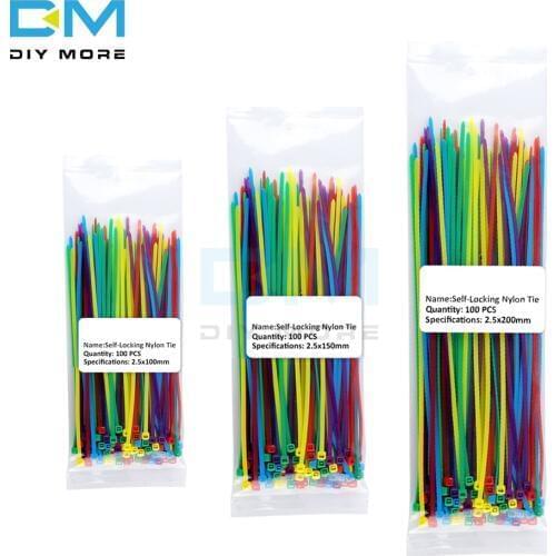 100pcs Multi Color Self-Locking Plastic Nylon Ties Wire Cable Zip Ties 2.5x100mm 2.5x150mm 2.5x200mm