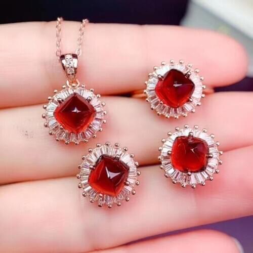 100% Natural And Real Garnet Set 925 Sterling Silver 1pc Ring,2pcs Earring,1pc Pendant Anniversary Jewelry