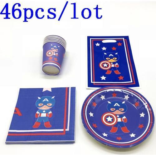 46Pcs/Lot Marvel Captain America Disposable Paper Cup Plate Napkin Child Birthday Party Event Party Gift Bag Decoration Supply