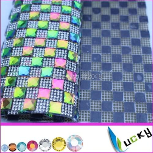 Free shipping! 1pcs 24x40cm rhinestone stickers with high quality rainbow and clear crystal beads trimming mesh