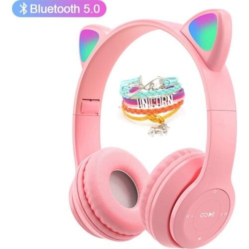 Cute Cat Ears Bluetooth Headphone With Mic Noise Cancelling Girl Stereo Music Helmet Headset auriculares bluetooth Bracelet Gift